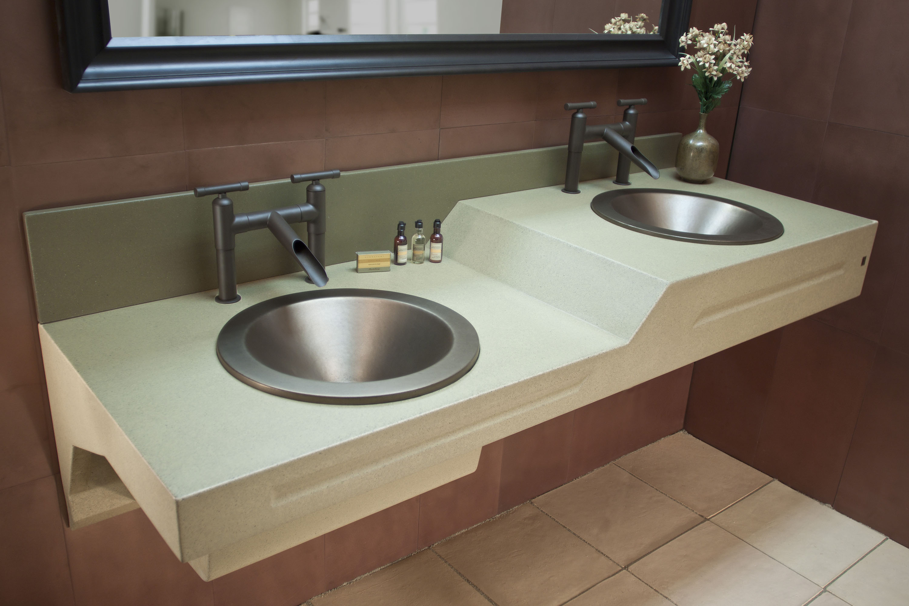 HiLo Sinks, 625 Vista Cream, Zinfandel VesselSinks in Bronze MetalCrete, Sonoma Forge Faucets 