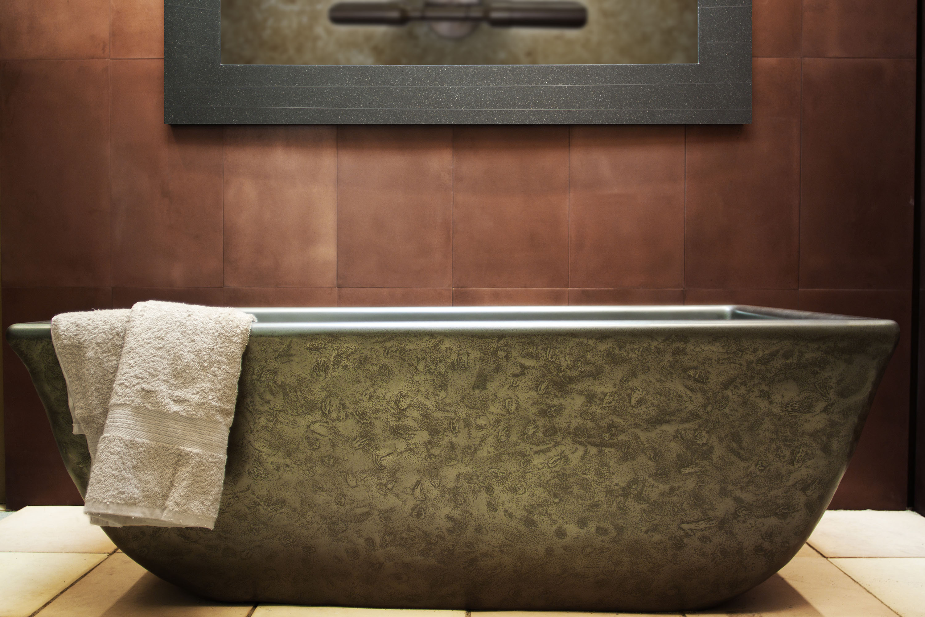Indulge Classic Concrete Soaking Tub, Custom Finish, MetalCrete® Pewter (Tub Exteriors Only) with Copper Cladding